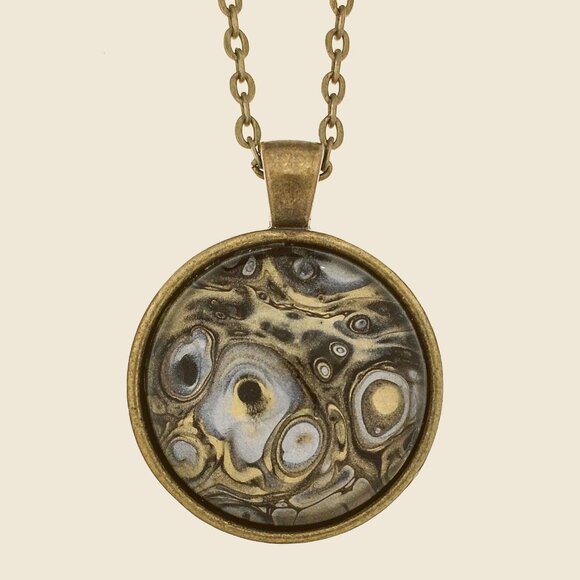Round Bronze Fluid Art Pendant Necklace – Abstract Cosmic Design - Picture 1 of 1